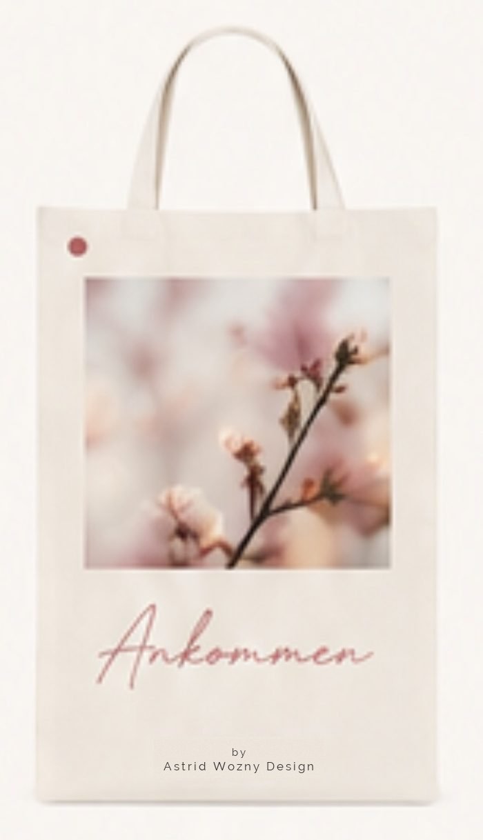 Baumwolltasche mit Blütenmotiv und Handschrift-Wort Ankommen