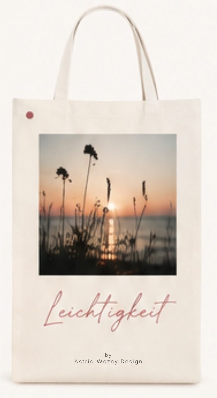 Baumwolltasche mit Sonnenuntergangsmotiv und Handschrift-Wort Leichtigkeit