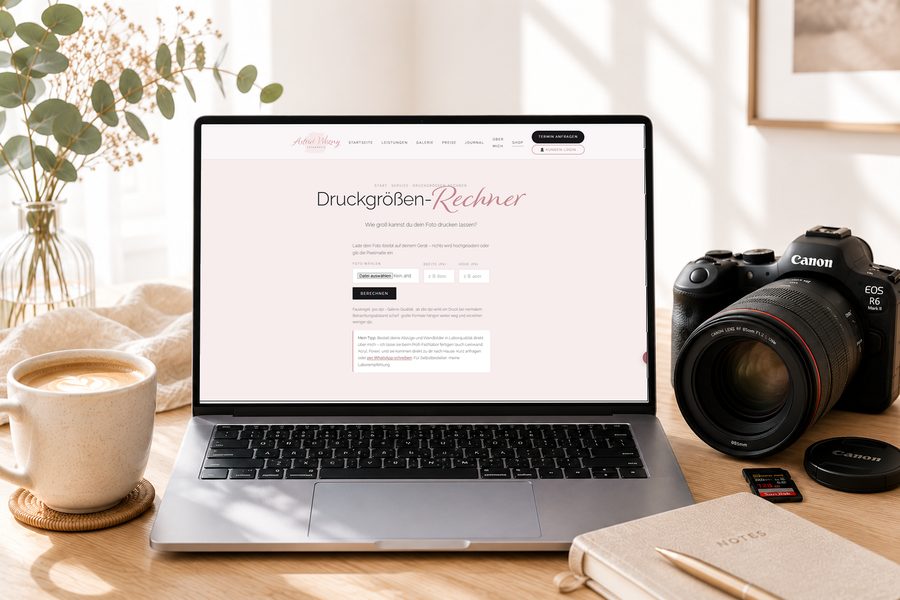 Druckgrößen-Rechner von Astrid Wozny Fotografie auf einem Laptop